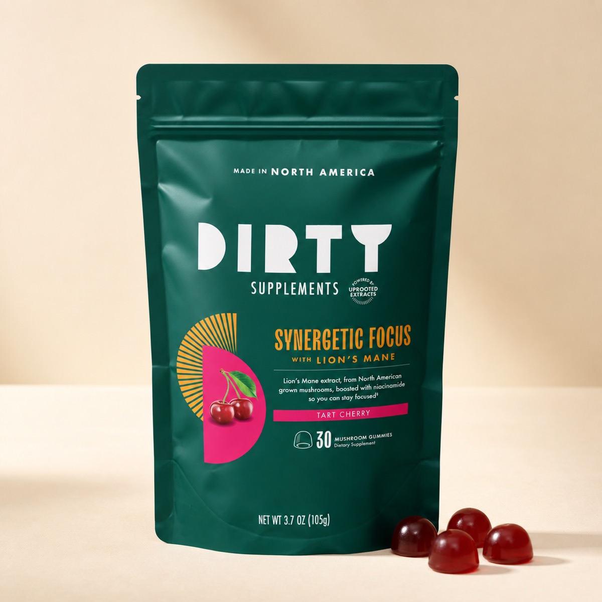 Synergetic Focus Lion's Mane gummy pouch made from mushrooms we grow and extract ourselves, tart-cherry gummies visible
